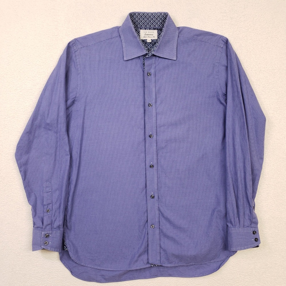Ted Baker Dress Shirt Men 16 34 Purple Endurance Yeovil Micro Houndstooth Cotton